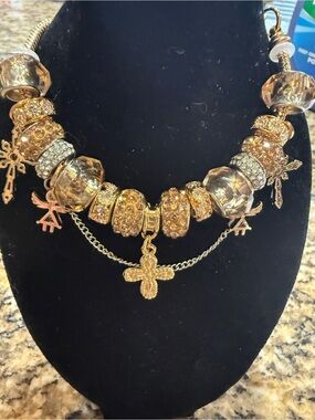 Gold-Tone Crystal Charm Statement Bracelet- Women Jewelry